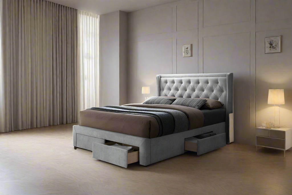 Riley 4 Drawer Upholstered Fabric Storage King Bed Silver Grey