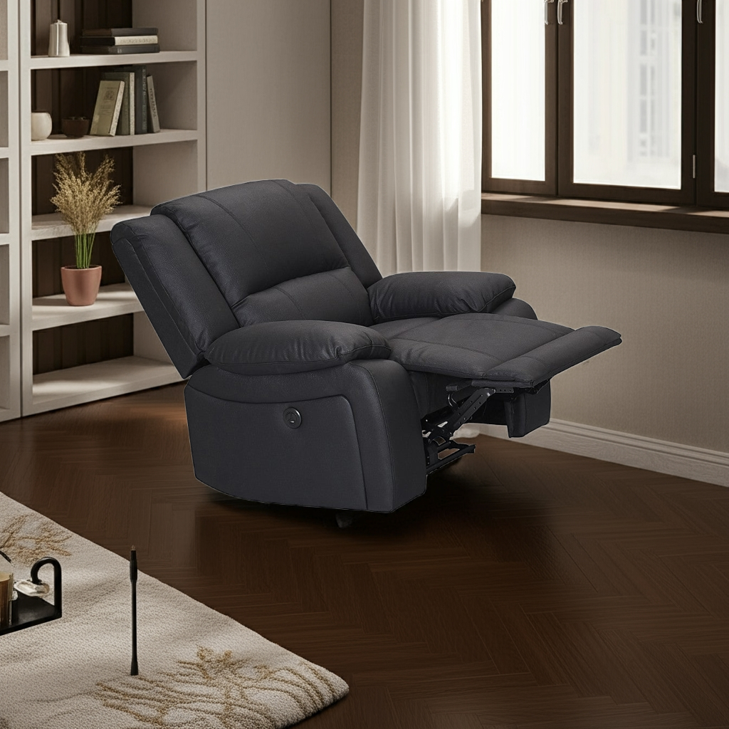 Captain Single Electric Recliner Rhino Suede Fabric Lounge - Black Onyx