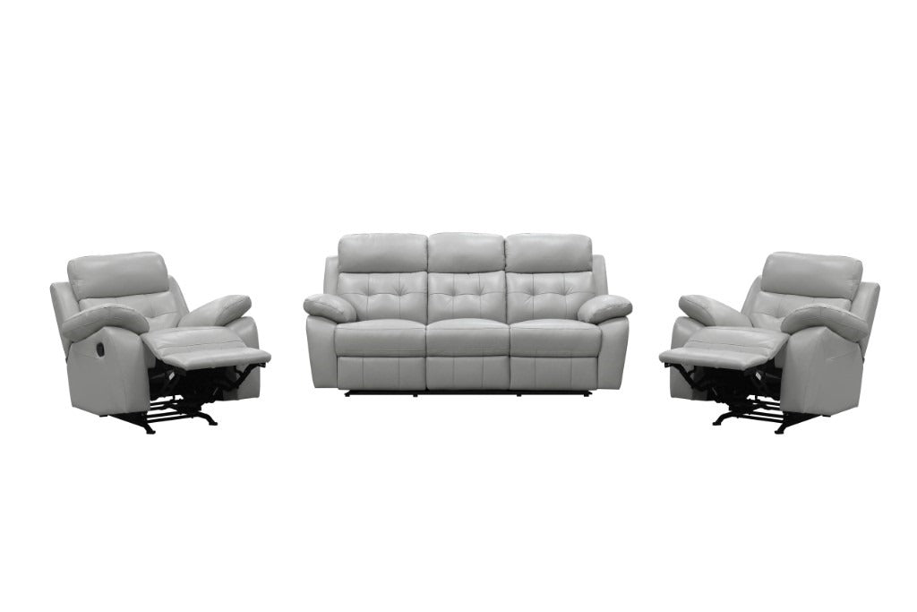 Cosmic 3 Seater Leather Lounge W 2 Single Recliner Set -Silver