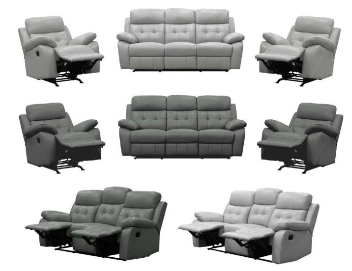 Cosmic 3 Seater Leather Lounge W 2 Single Recliner Set -Silver