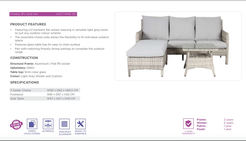 Priestly Outdoor Wicker 4PC Sofa Set-Light Grey