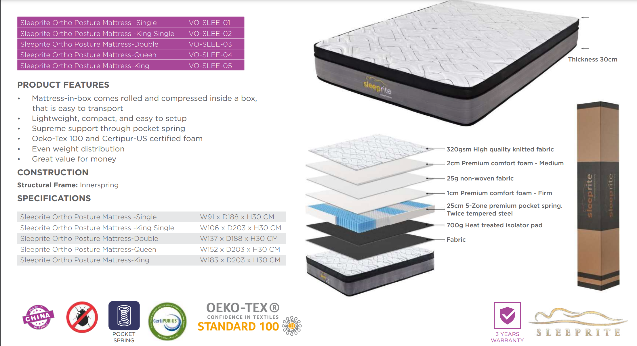 Sleeprite Ortho Posture Medium Feel Bonnell Spring Mattress
