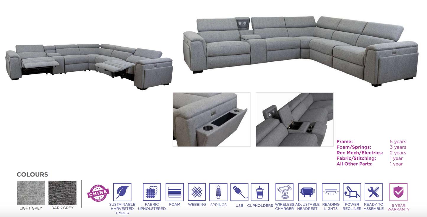 Blake Fabric Corner Modular Lounge W/2 END Electric Recliner-Light Grey