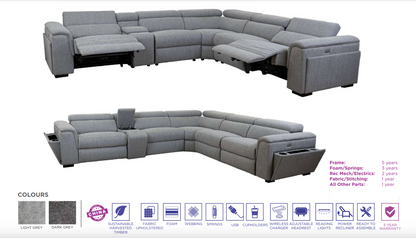 Blake Fabric Corner Modular Lounge W/2 END Electric Recliner-Light Grey