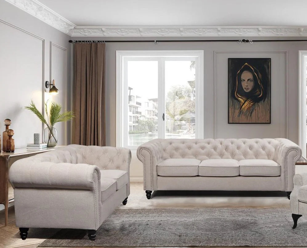 Taegon Royal Chesterfield 3+2 Seater Fabric Sofa- Beige