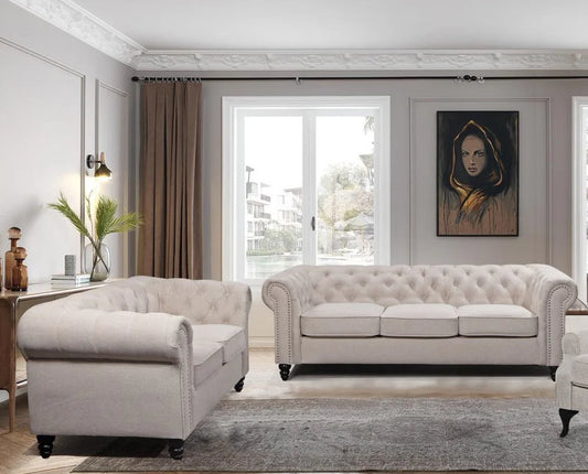 Taegon Royal Chesterfield 3+2 Seater Fabric Sofa- Beige