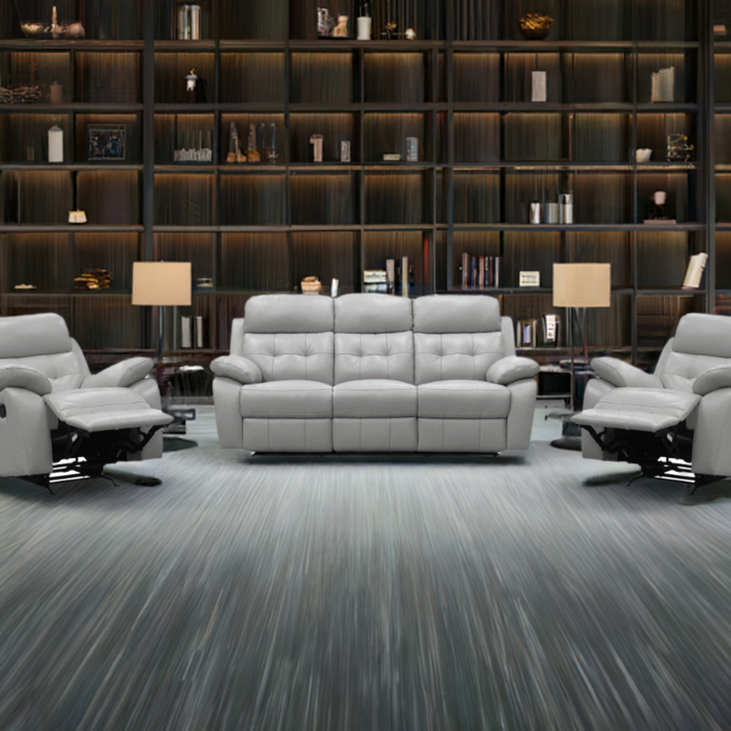 Cosmic 3 Seater Leather Lounge W 2 Single Recliner Set -Silver