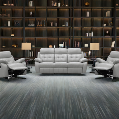 Cosmic 3 Seater Leather Lounge W 2 Single Recliner Set -Silver