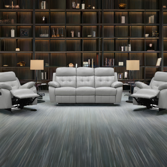 Cosmic 3 Seater Leather Lounge W 2 Single Recliner Set -Silver