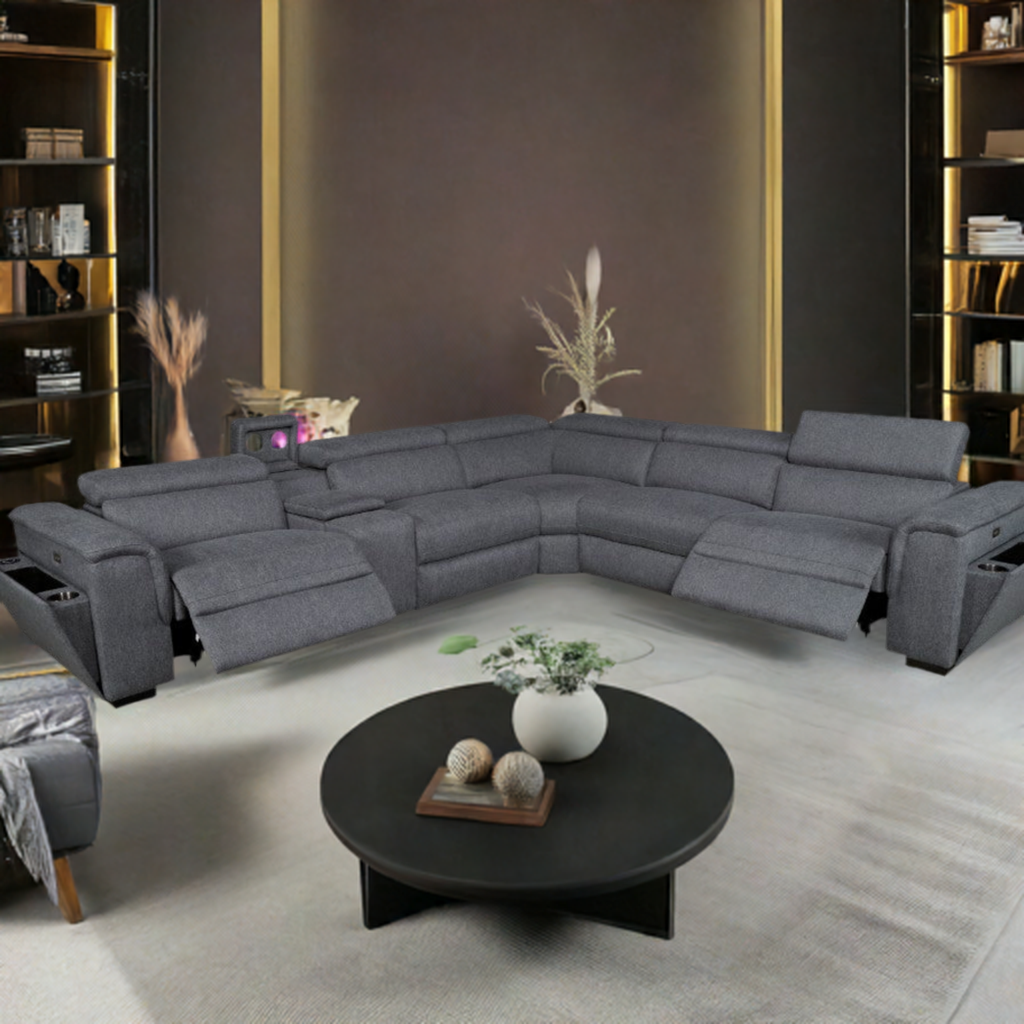 Byron Fabric Corner Modular Lounge W/2 END Electric Recliner-Dark Grey
