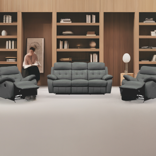 Cosmic 3 Seater Leather Lounge W 2 Single Recliner Set-Gunmetal