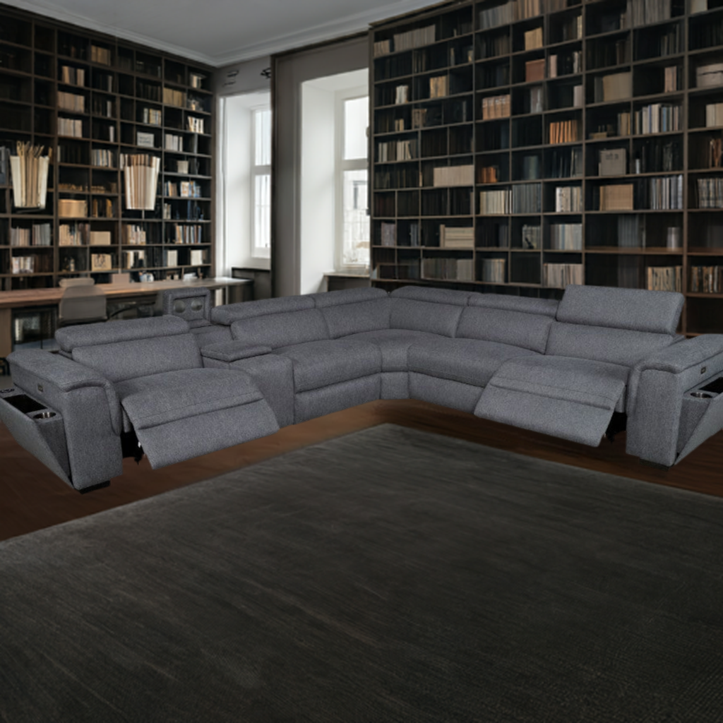 Byron Fabric Corner Modular Lounge W/2 END Electric Recliner-Dark Grey