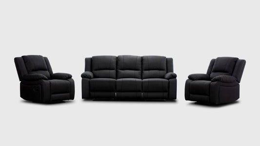 Captain 3 Seater Lounge with 2 Single Recliner Rhino Fabric Set -Black Onyx