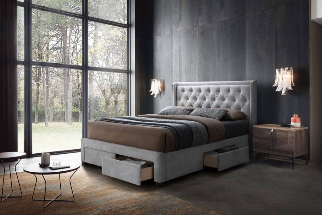 Riley 4 Drawer Upholstered Fabric Storage King Bed Silver Grey